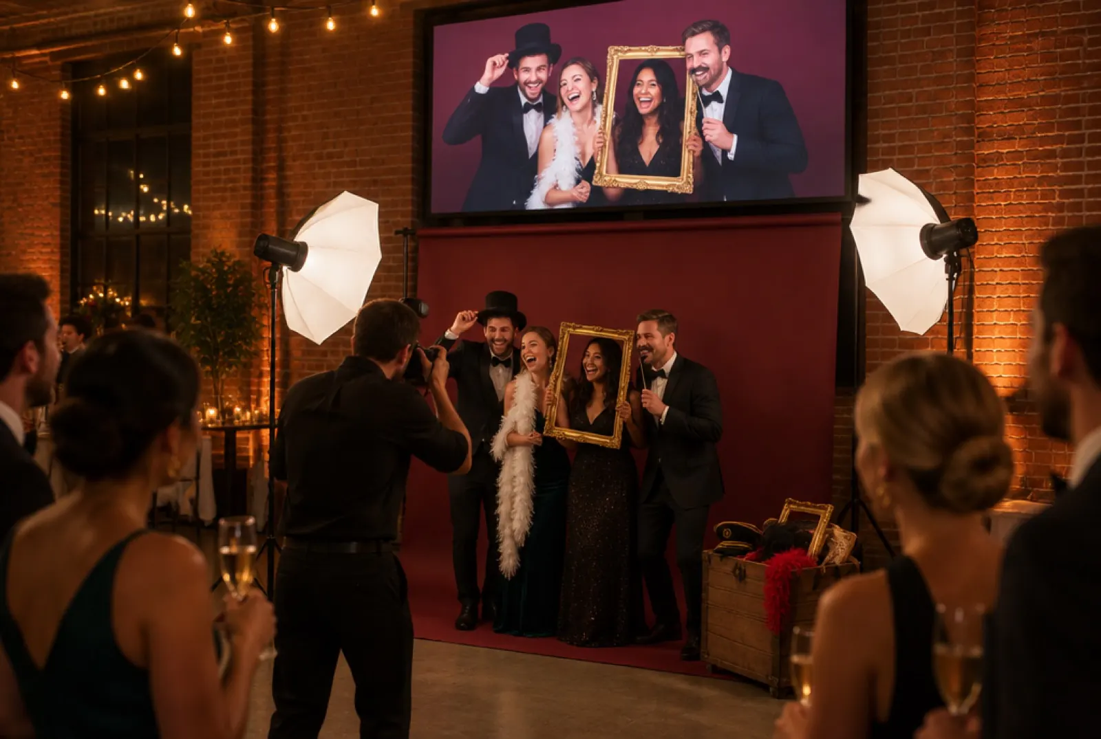 Un ledwall sopra e dietro il set mostra la foto appena scattata al gruppo in posa