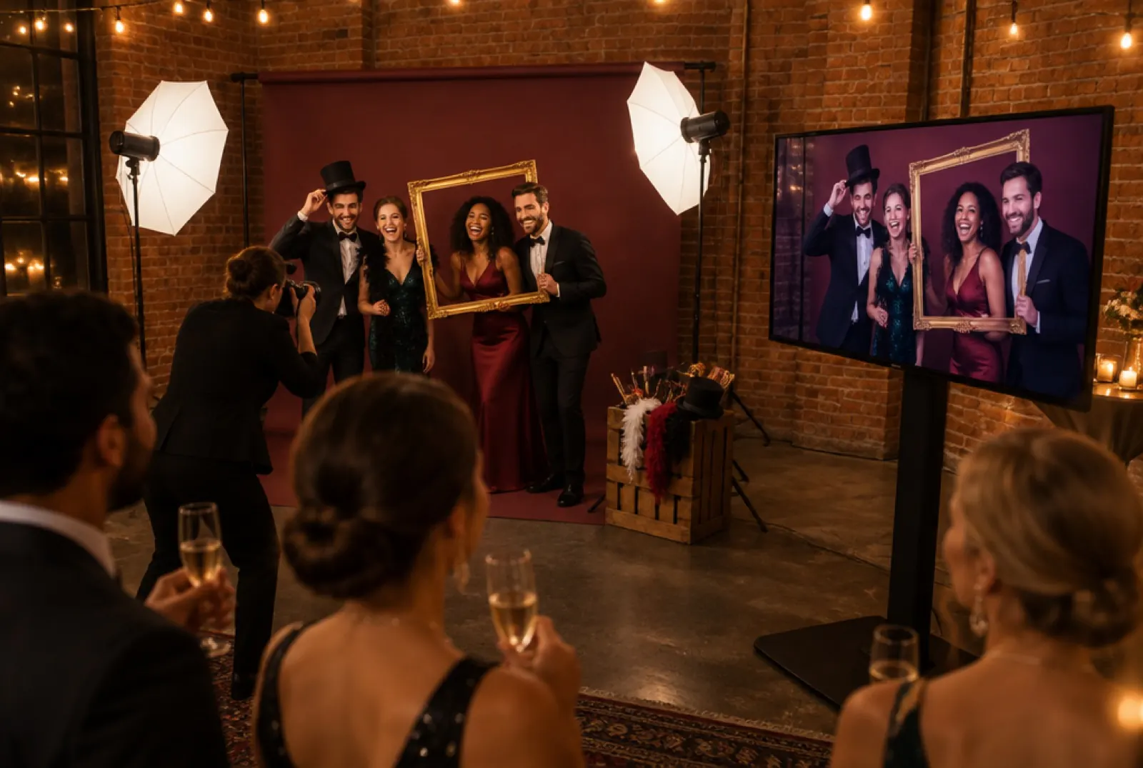 Un grande TV su piedistallo accanto al set mostra lo scatto alla sala