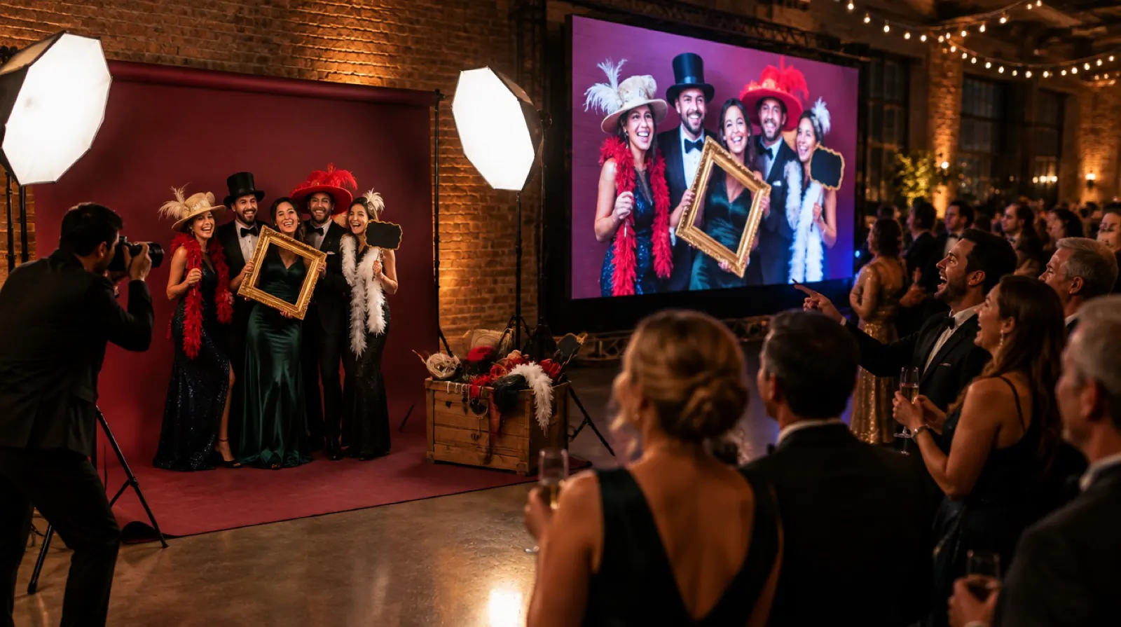 Il set durante una serata: il fotografo scatta a un gruppo di ospiti con cappelli e cornici davanti a un fondale bordeaux, tra due luci da studio; dietro, un grande ledwall mostra la foto appena scattata e la sala la guarda ridendo